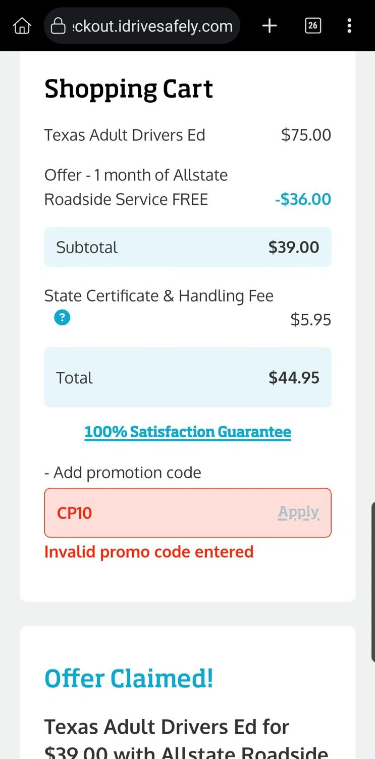 I Drive Safely promo code screenshot showing code CP10 applied at I Drive Safely checkout page. Uploaded by SimplyCodes community member Carloslvz on Feb 1, 2026