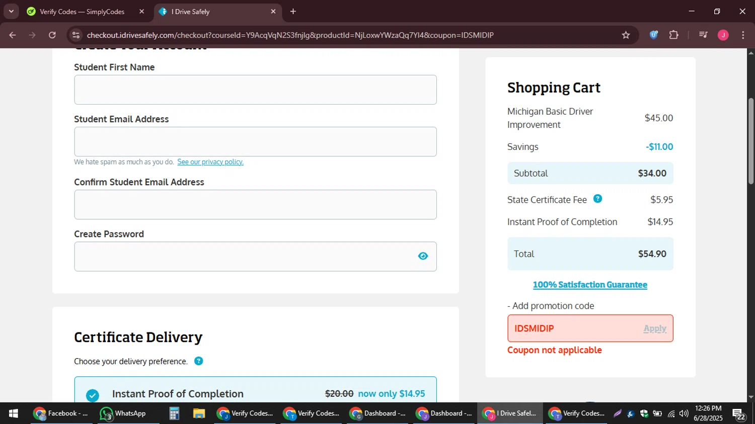 I Drive Safely promo code screenshot showing code IDSMIDIP applied at I Drive Safely checkout page. Uploaded by SimplyCodes community member JackWilson63 on Jun 28, 2025
