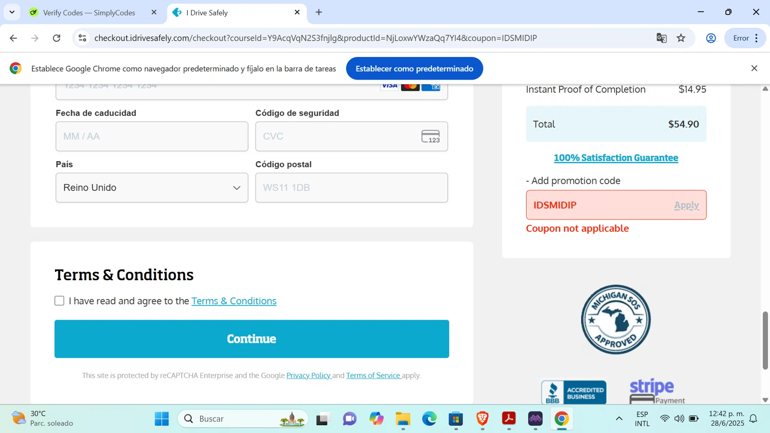 I Drive Safely promo code screenshot showing code IDSMIDIP applied at I Drive Safely checkout page. Uploaded by SimplyCodes community member Tratala on Jun 28, 2025