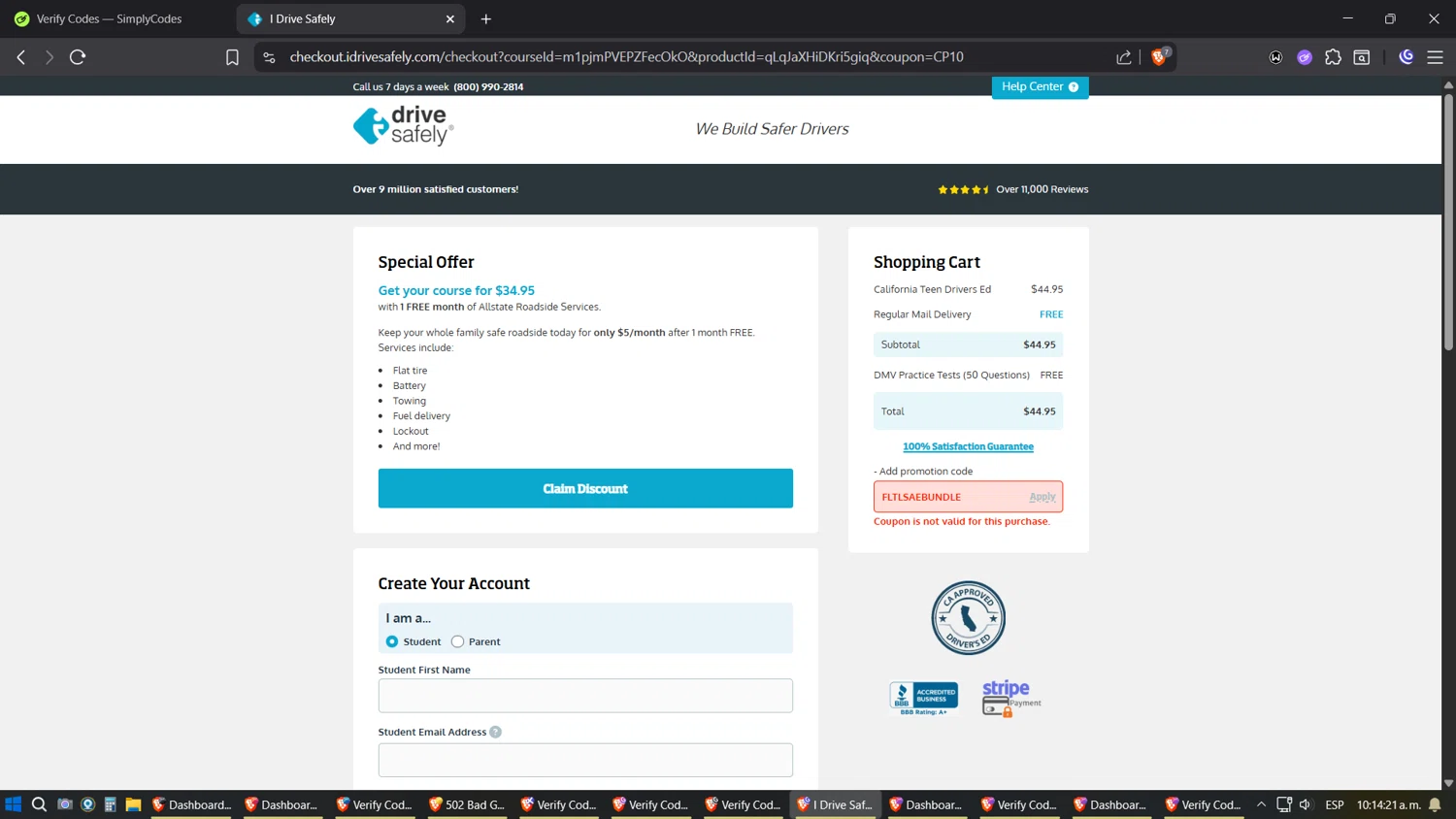 I Drive Safely promo code screenshot showing code FLTLSAEBUNDLE applied at I Drive Safely checkout page. Uploaded by SimplyCodes community member Amidamaru on Aug 22, 2025