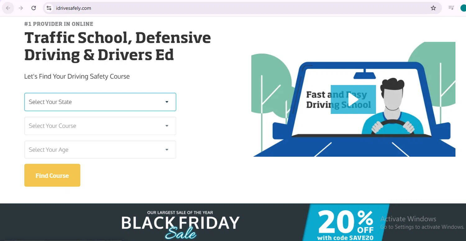 I Drive Safely promo code screenshot showing code SAVE20 applied at I Drive Safely checkout page. Uploaded by SimplyCodes community member anosesmith on Nov 27, 2025