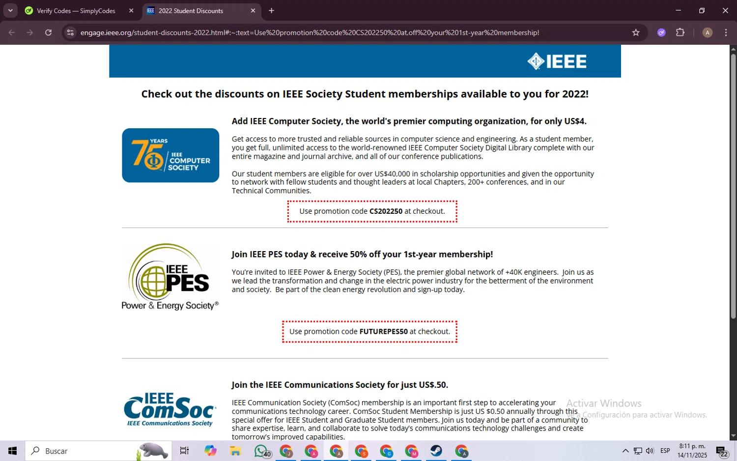 IEEE coupon code screenshot showing code CS202250 applied at IEEE checkout page. Uploaded by SimplyCodes community member BargainGenius8397 on Nov 15, 2025