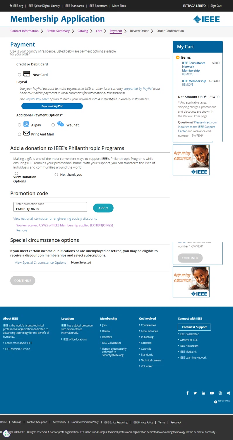 IEEE checkout page showing IEEE coupon code box | Screenshot taken by SimplyCodes community member on Feb 11, 2026