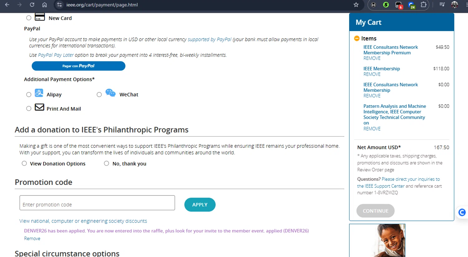 IEEE promo code screenshot showing code DENVER26 applied at IEEE checkout page. Uploaded by SimplyCodes community member Jmhernand1 on May 31, 2026