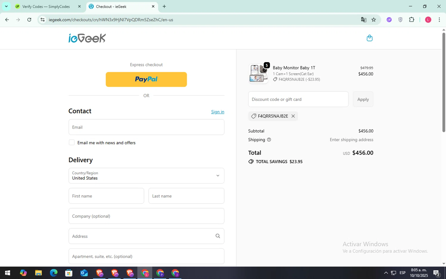 ieGeek discount code screenshot showing code F4QRR5NAJB2E applied at ieGeek checkout page. Uploaded by SimplyCodes community member SilverFox3257 on Oct 10, 2025