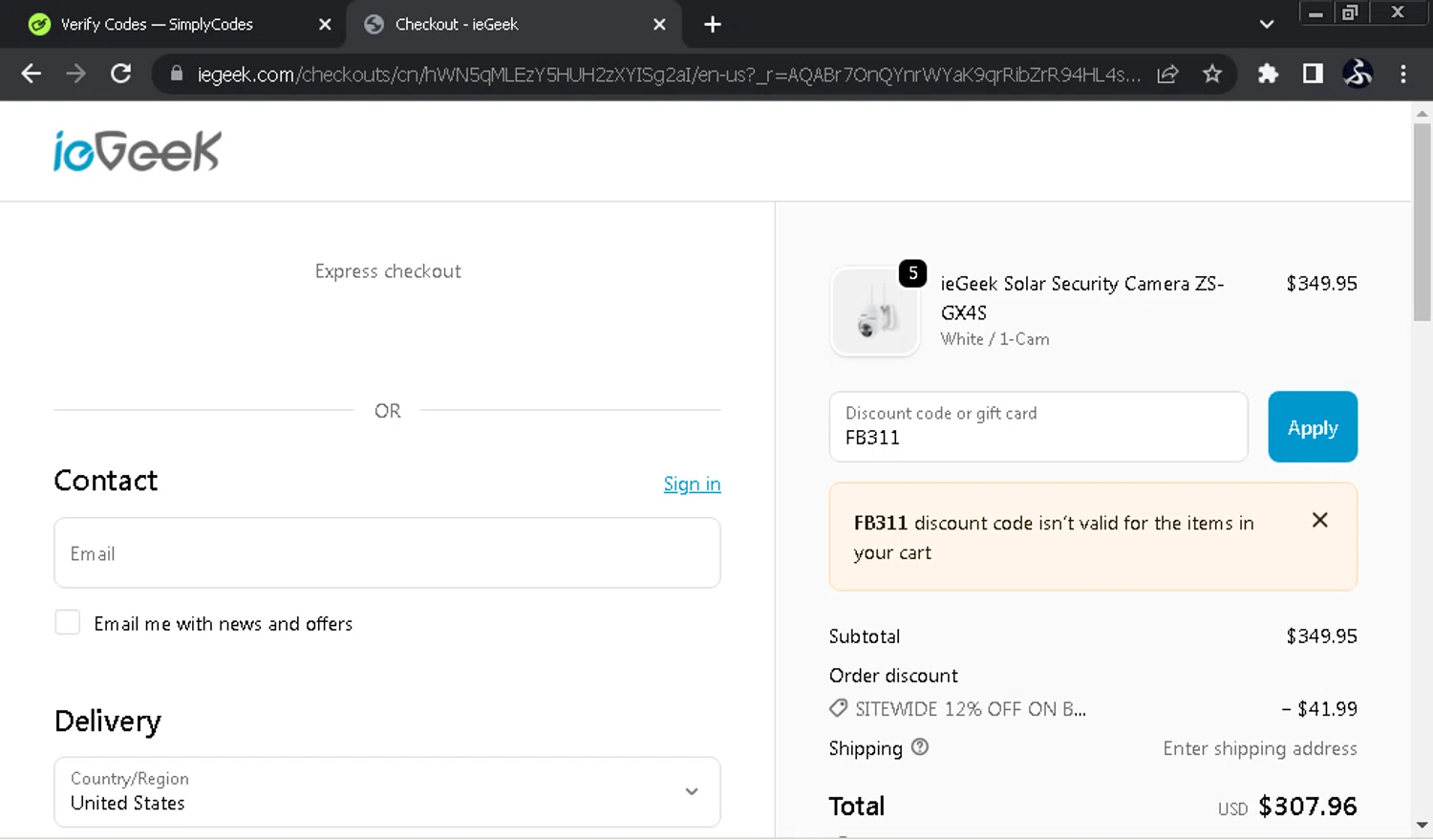 ieGeek discount code screenshot showing code FB311 applied at ieGeek checkout page. Uploaded by SimplyCodes community member SwiftOwl697 on Nov 29, 2025