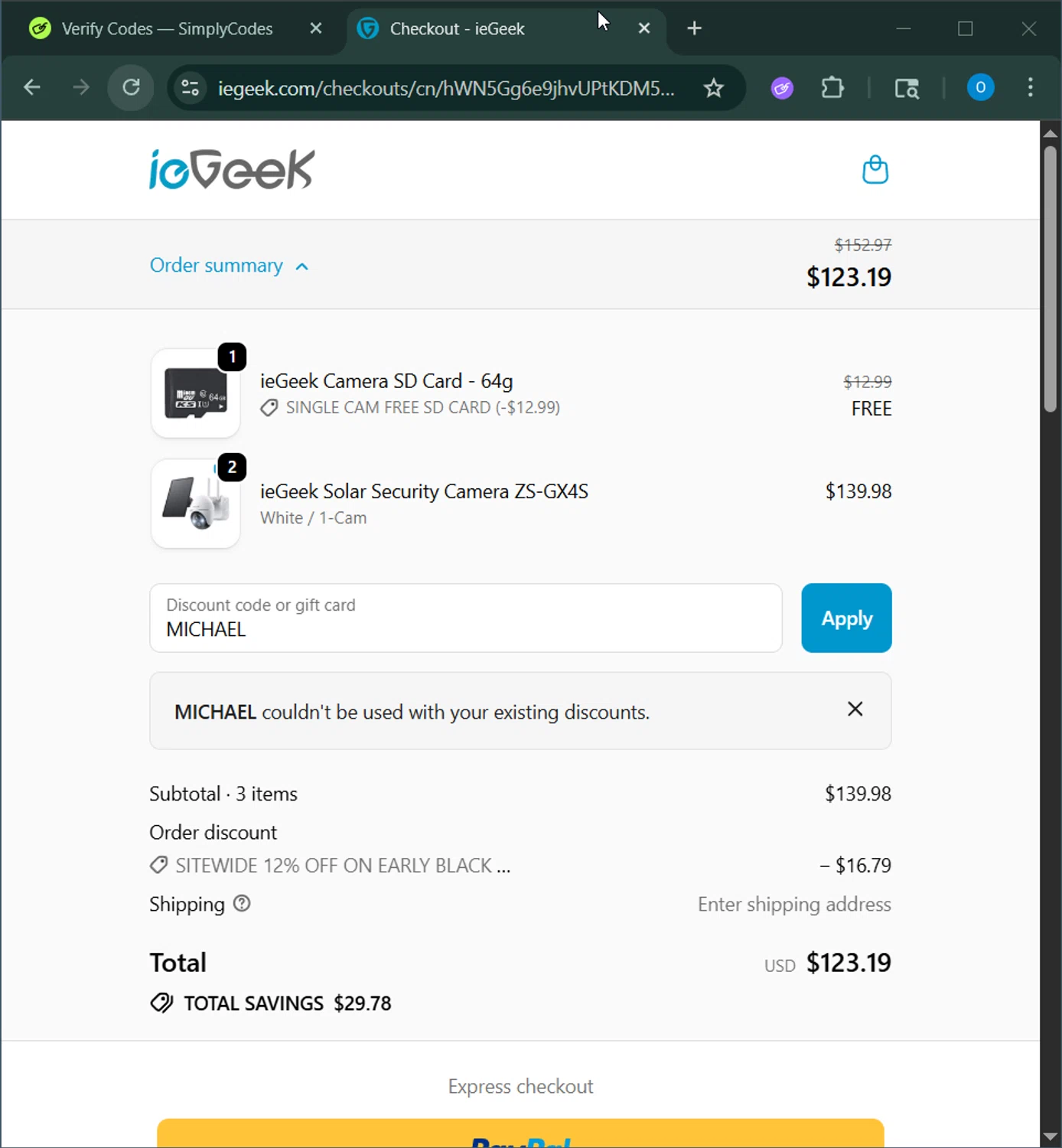 ieGeek discount code screenshot showing code MICHAEL applied at ieGeek checkout page. Uploaded by SimplyCodes community member GoldChaser6627 on Nov 14, 2025