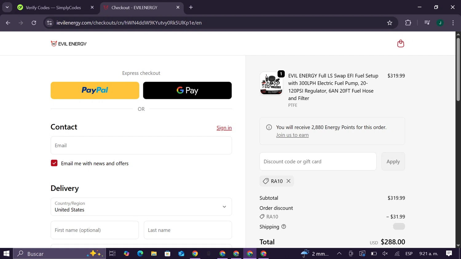 EVIL ENERGY discount code screenshot showing code RA10 applied at EVIL ENERGY checkout page. Uploaded by SimplyCodes community member CleverElite8110 on Oct 28, 2025