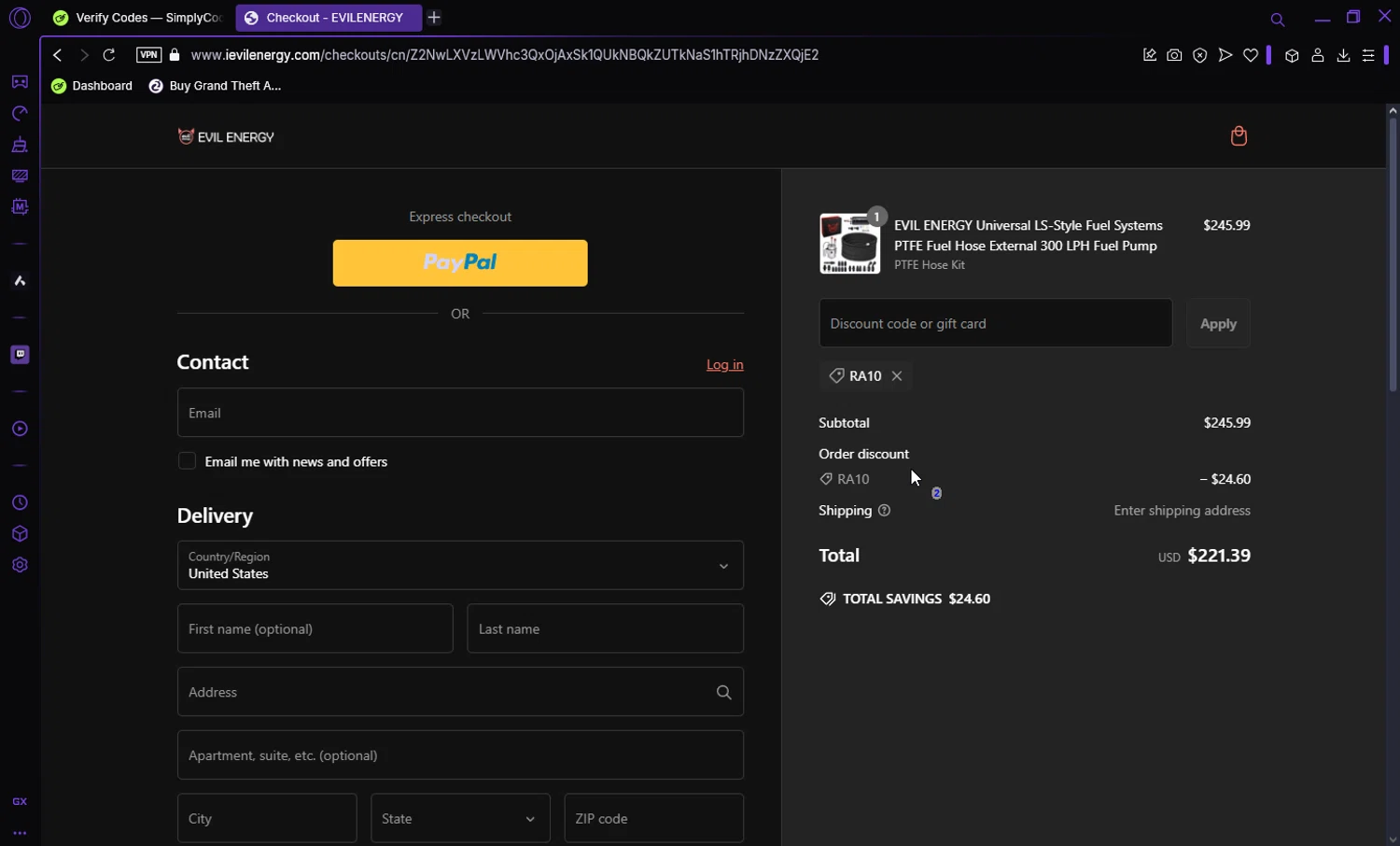 EVIL ENERGY discount code screenshot showing code RA10 applied at EVIL ENERGY checkout page. Uploaded by SimplyCodes community member Darka007 on Feb 22, 2025