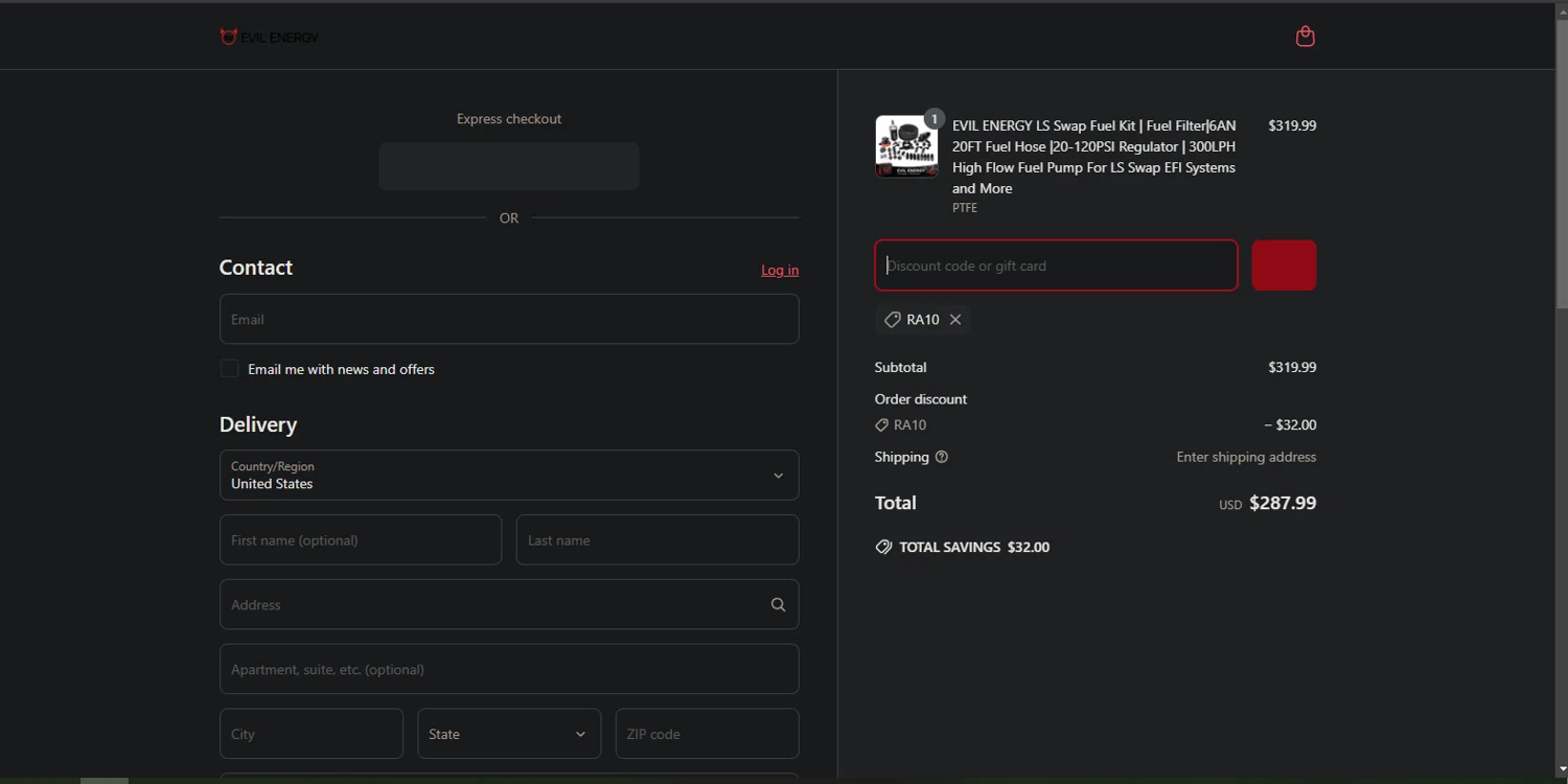 EVIL ENERGY discount code screenshot showing code RA10 applied at EVIL ENERGY checkout page. Uploaded by SimplyCodes community member Nor_man on Mar 23, 2025
