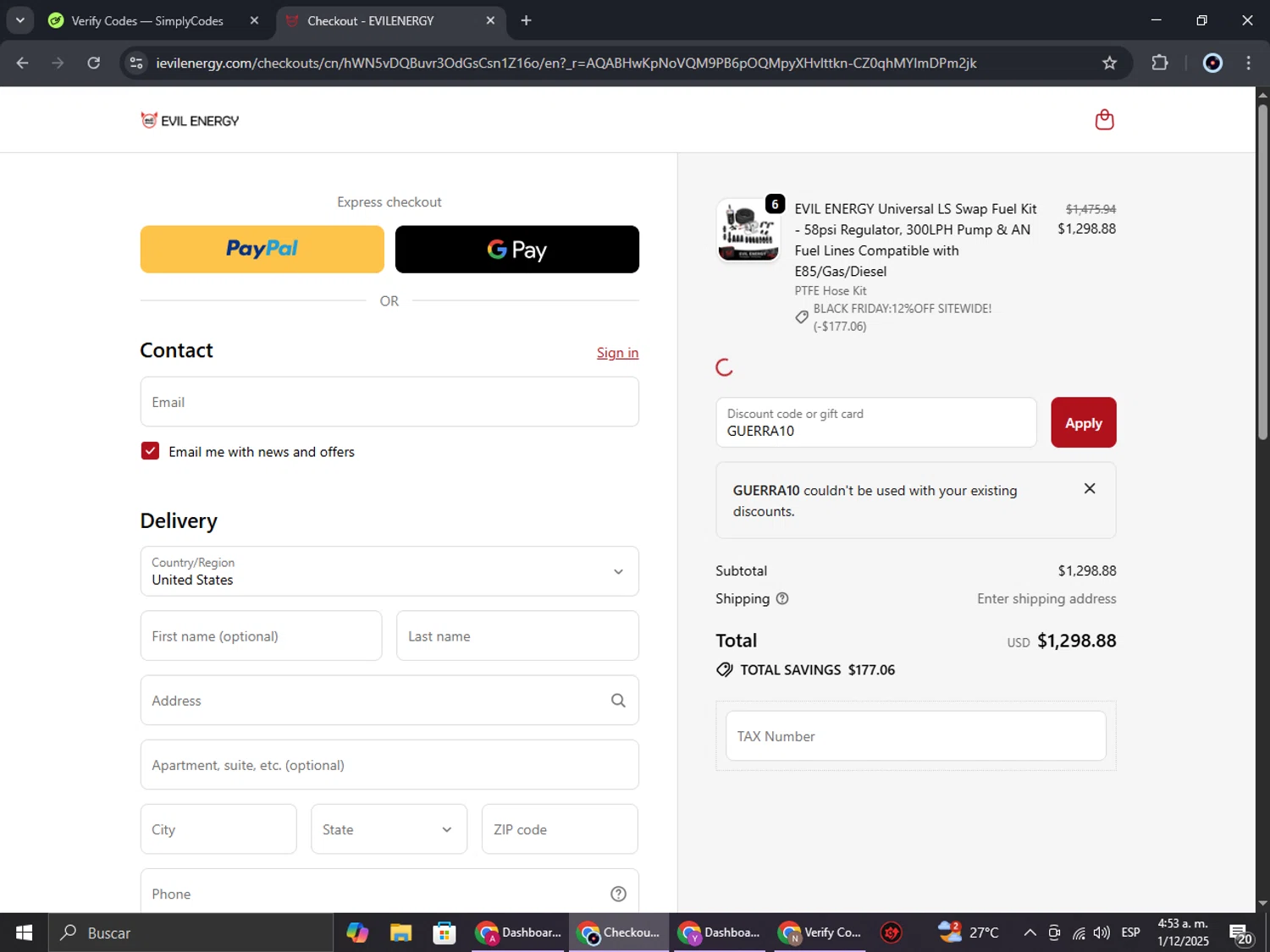 EVIL ENERGY discount code screenshot showing code GUERRA10 applied at EVIL ENERGY checkout page. Uploaded by SimplyCodes community member RoyalBoss4384 on Dec 1, 2025