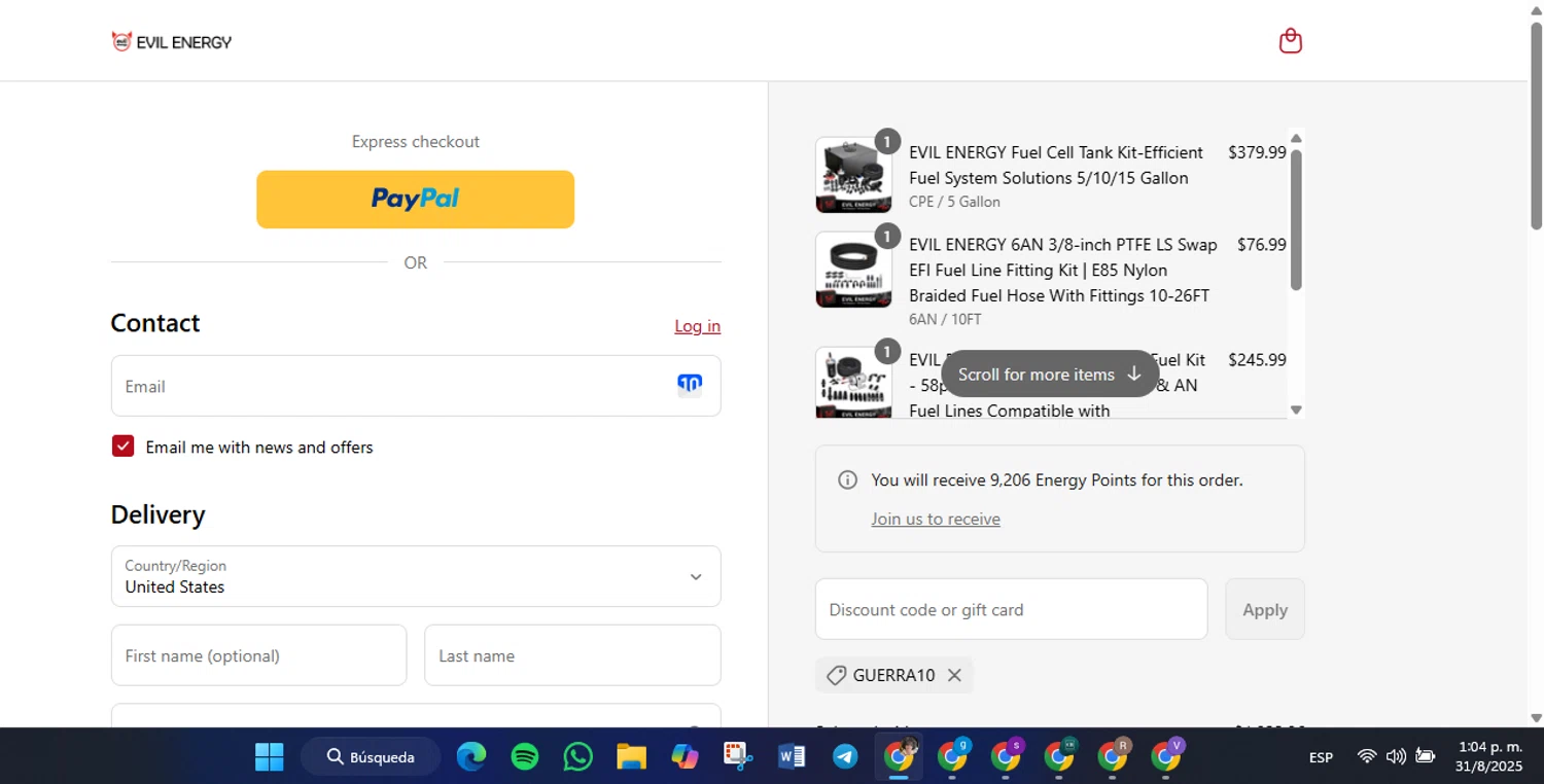 EVIL ENERGY discount code screenshot showing code GUERRA10 applied at EVIL ENERGY checkout page. Uploaded by SimplyCodes community member luisaballera on Aug 31, 2025