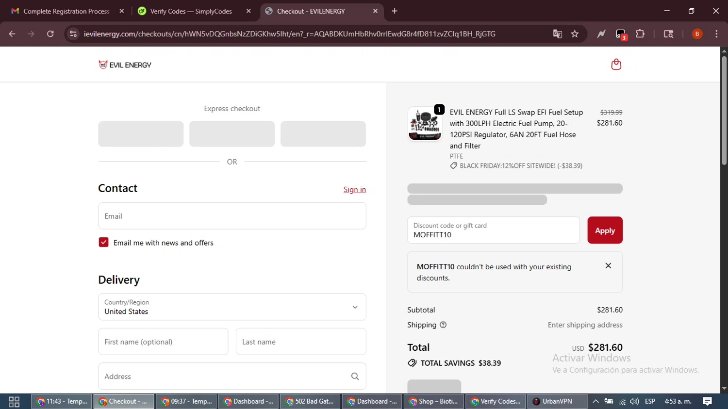 EVIL ENERGY discount code screenshot showing code MOFFITT10 applied at EVIL ENERGY checkout page. Uploaded by SimplyCodes community member DiscountExpert6435 on Dec 1, 2025