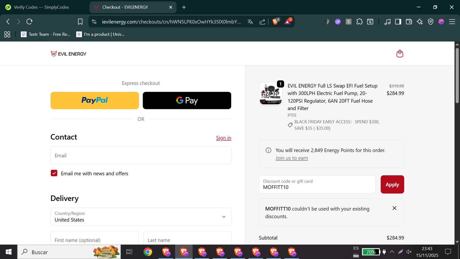 EVIL ENERGY discount code screenshot showing code MOFFITT10 applied at EVIL ENERGY checkout page. Uploaded by SimplyCodes community member Jeffersontorrealba on Nov 16, 2025