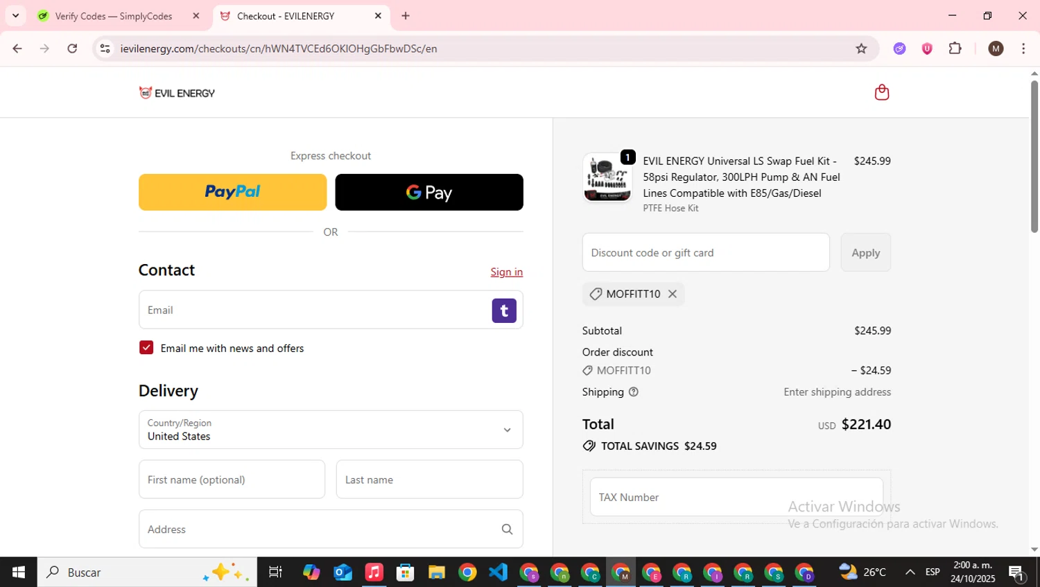 EVIL ENERGY discount code screenshot showing code MOFFITT10 applied at EVIL ENERGY checkout page. Uploaded by SimplyCodes community member WonderWizard9060 on Oct 24, 2025