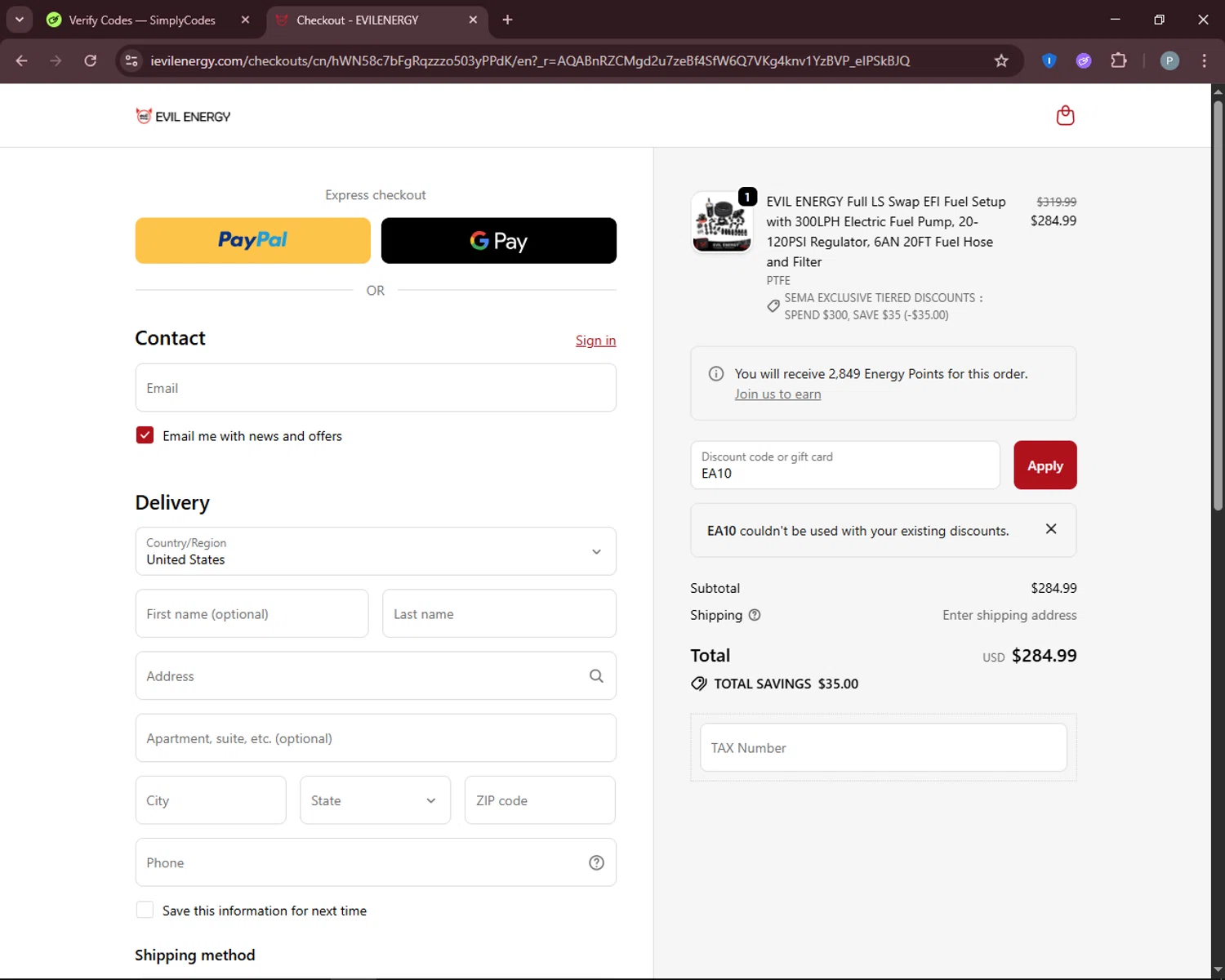 EVIL ENERGY discount code screenshot showing code EA10 applied at EVIL ENERGY checkout page. Uploaded by SimplyCodes community member DiscountEagle6247 on Nov 10, 2025