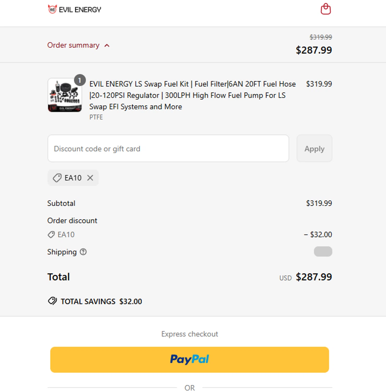 EVIL ENERGY discount code screenshot showing code EA10 applied at EVIL ENERGY checkout page. Uploaded by SimplyCodes community member luismarin on Jun 12, 2025