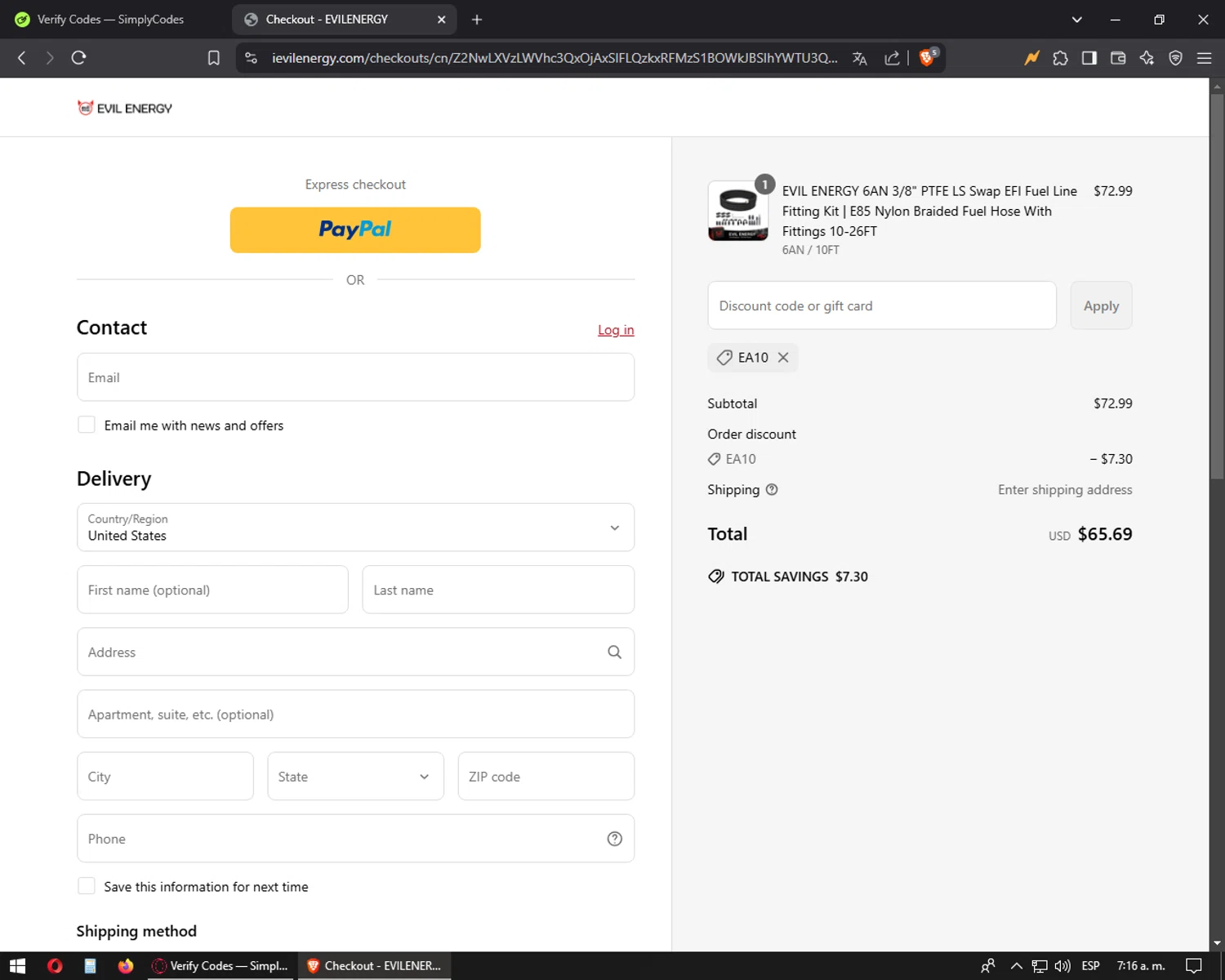 EVIL ENERGY discount code screenshot showing code EA10 applied at EVIL ENERGY checkout page. Uploaded by SimplyCodes community member oscarbeaujon on Mar 30, 2025