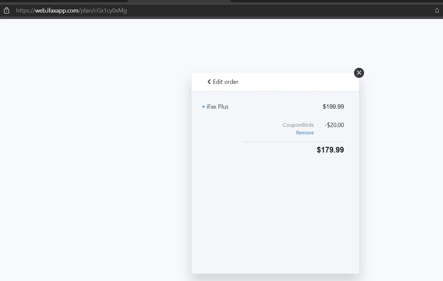 I Fax App promo code screenshot showing code CouponBirds applied at I Fax App checkout page. Uploaded by SimplyCodes community member JasnibelEgu on Feb 17, 2025