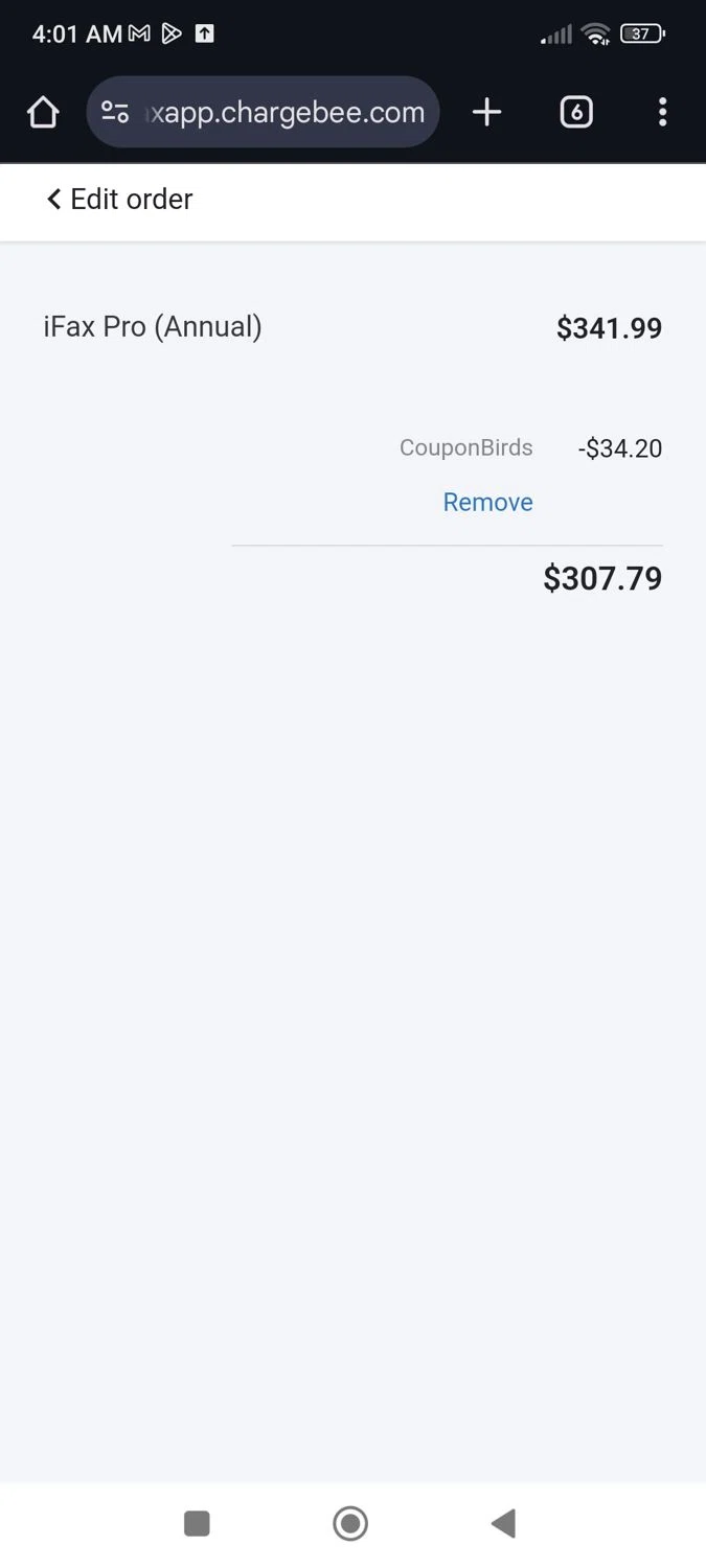 I Fax App promo code screenshot showing code CouponBirds applied at I Fax App checkout page. Uploaded by SimplyCodes community member Josechirinopena2808 on Mar 27, 2025