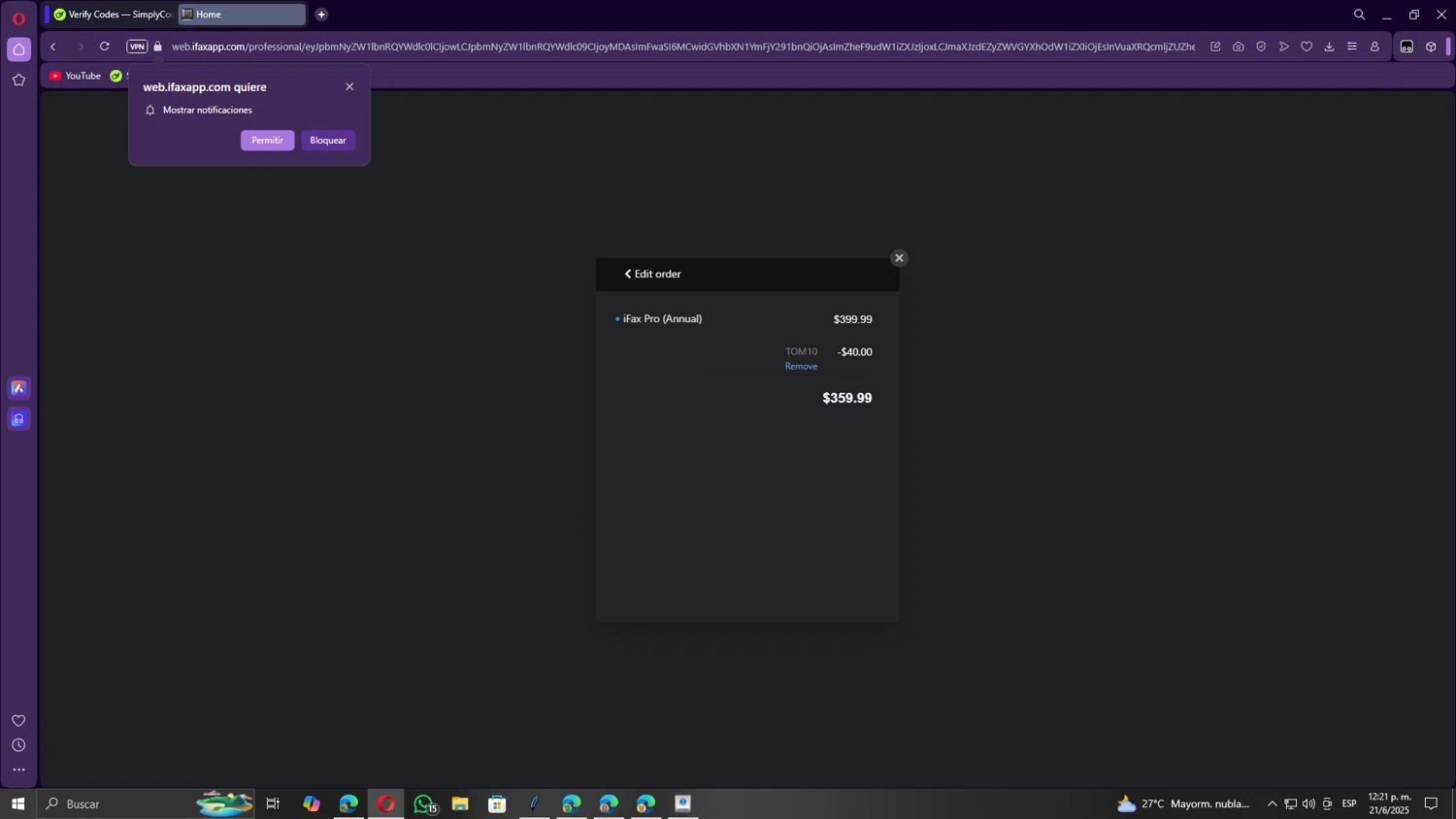 I Fax App promo code screenshot showing code TOM10 applied at I Fax App checkout page. Uploaded by SimplyCodes community member Gojira on Jun 21, 2025