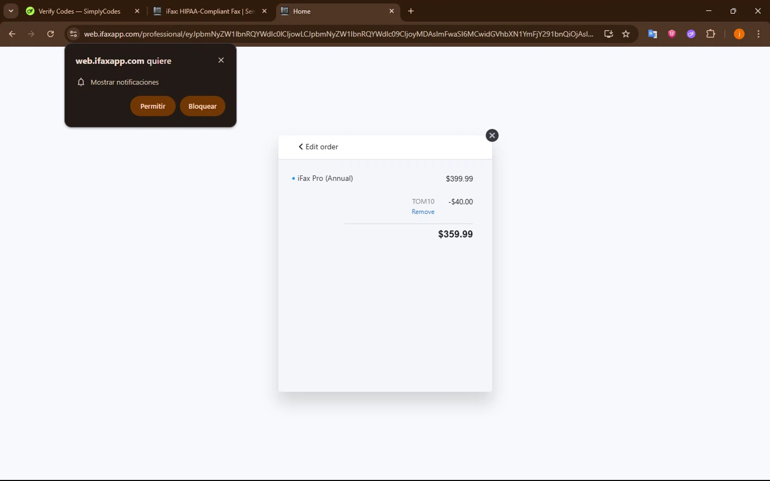I Fax App promo code screenshot showing code TOM10 applied at I Fax App checkout page. Uploaded by SimplyCodes community member WonderVirtuoso6294 on Jul 28, 2025