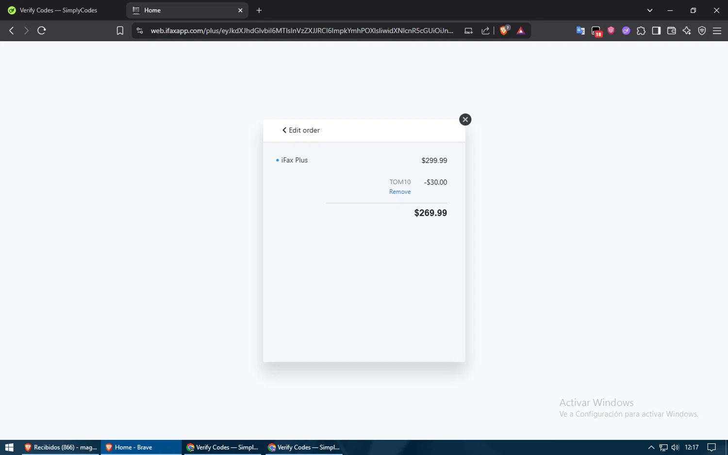 I Fax App promo code screenshot showing code TOM10 applied at I Fax App checkout page. Uploaded by SimplyCodes community member usuario500 on Jun 21, 2025