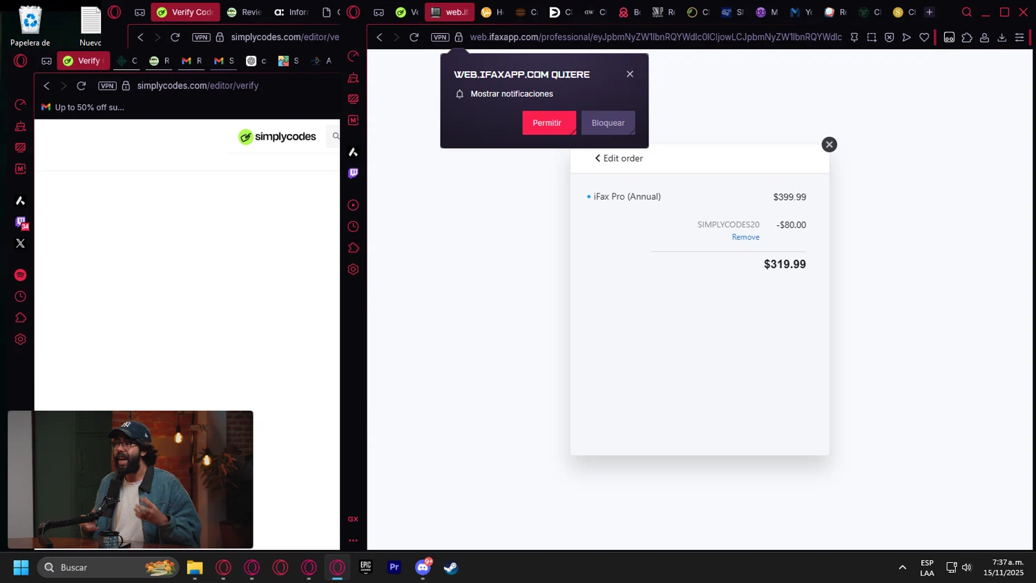 I Fax App promo code screenshot showing code SIMPLYCODES20 applied at I Fax App checkout page. Uploaded by SimplyCodes community member Handivlak on Nov 15, 2025