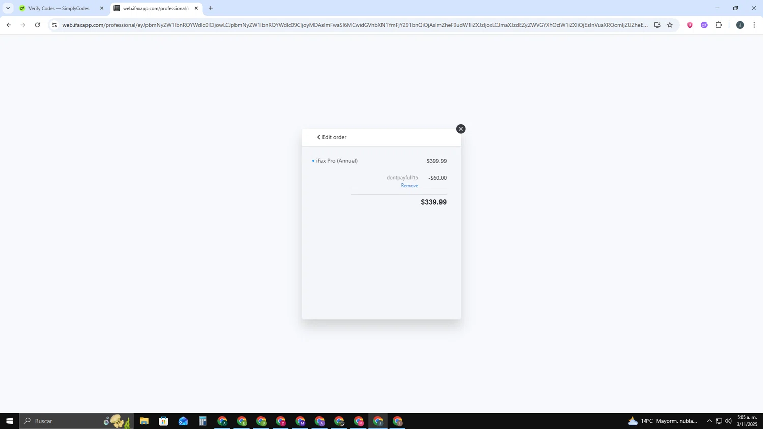 I Fax App promo code screenshot showing code dontpayfull15 applied at I Fax App checkout page. Uploaded by SimplyCodes community member AVATIGRITO on Nov 3, 2025