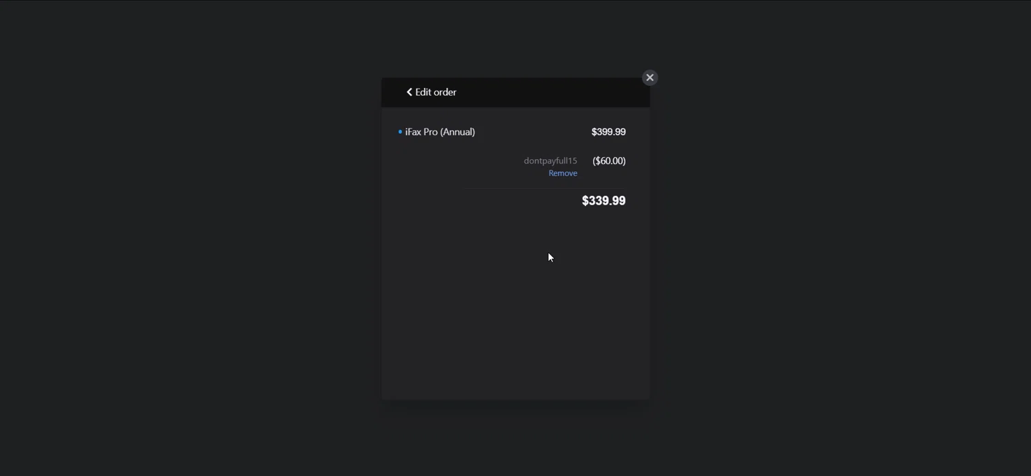 I Fax App promo code screenshot showing code dontpayfull15 applied at I Fax App checkout page. Uploaded by SimplyCodes community member KarlLM on Oct 20, 2025