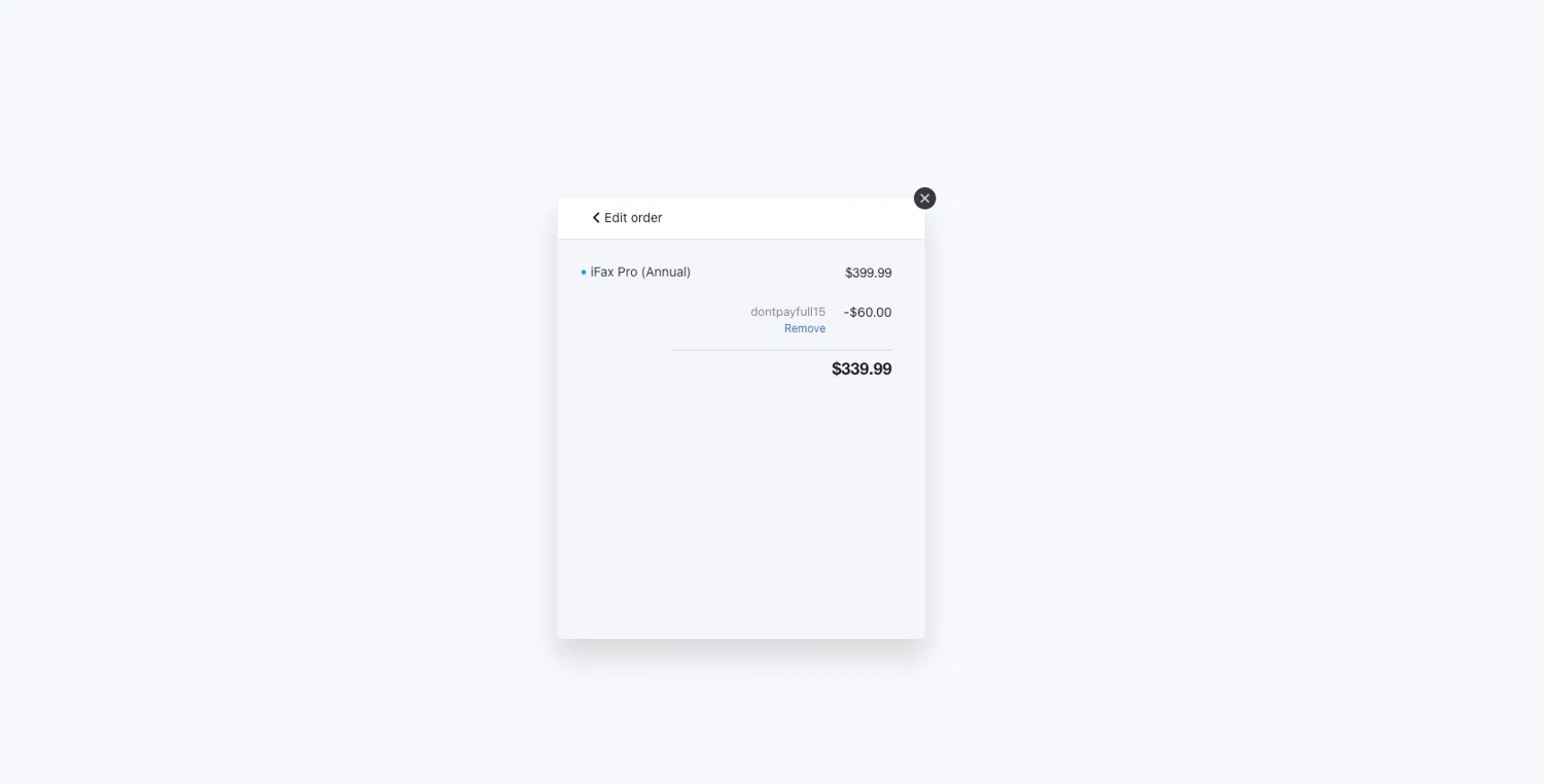 I Fax App promo code screenshot showing code dontpayfull15 applied at I Fax App checkout page. Uploaded by SimplyCodes community member ELOIN777 on Sep 21, 2025