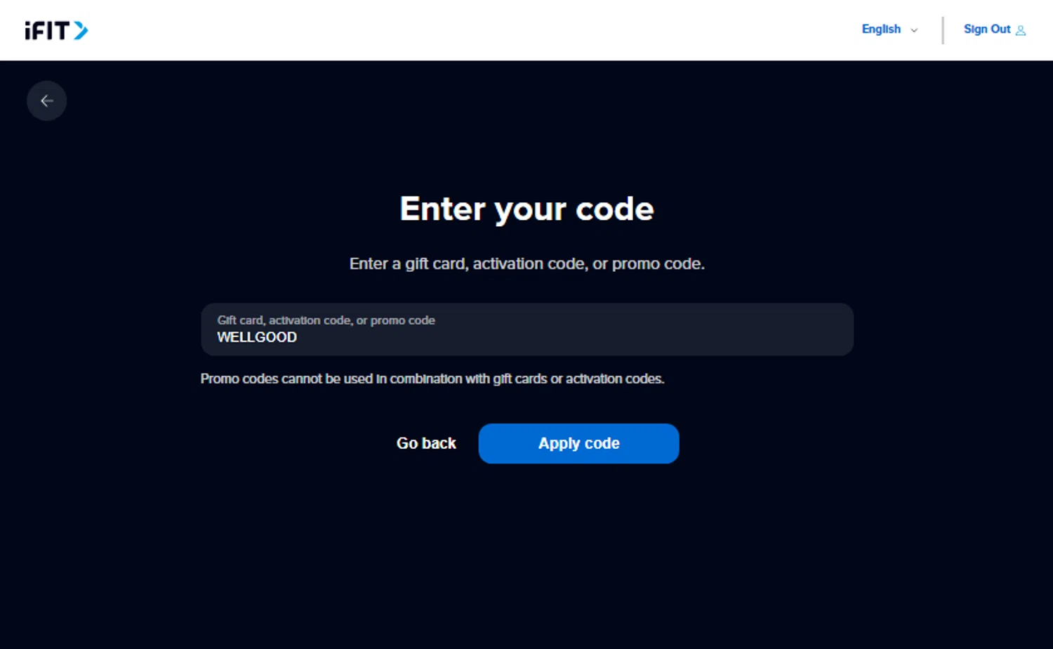 iFIT Workout App checkout page showing iFIT Workout App promo code box | Screenshot taken by SimplyCodes community member on Jan 20, 2024