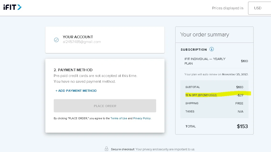 iFIT Workout App checkout page showing iFIT Workout App promo code box | Screenshot taken by SimplyCodes community member on Nov 25, 2022