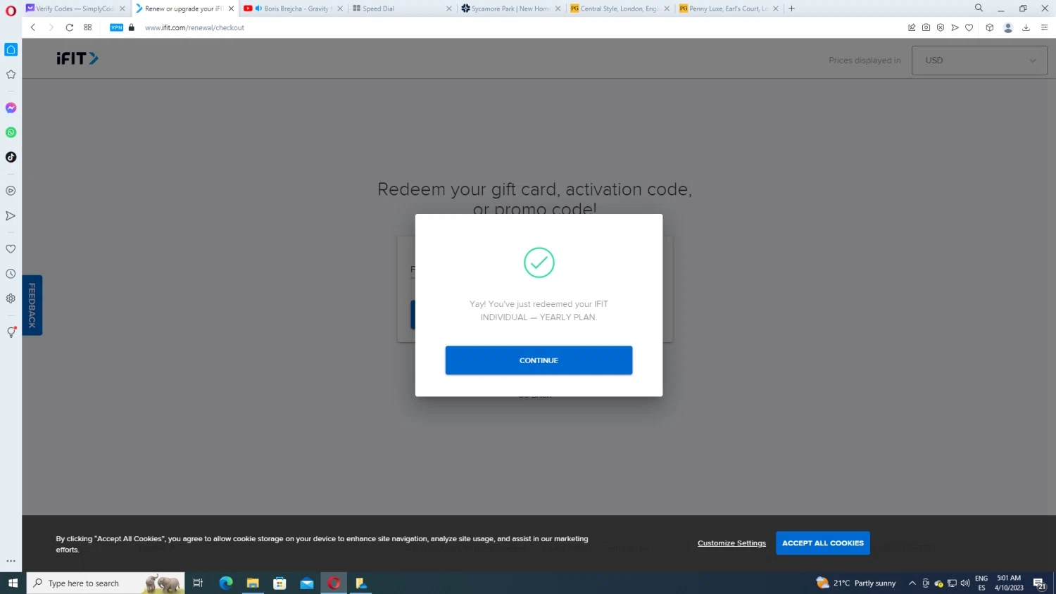 iFIT Workout App checkout page showing iFIT Workout App promo code box | Screenshot taken by SimplyCodes community member on Apr 10, 2023