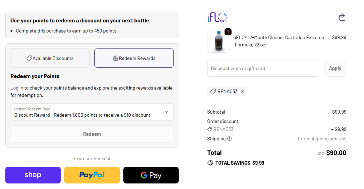 iFLO promo code screenshot showing code RENAC33 applied at iFLO checkout page. Uploaded by SimplyCodes community member 56484654654545 on Jun 16, 2026