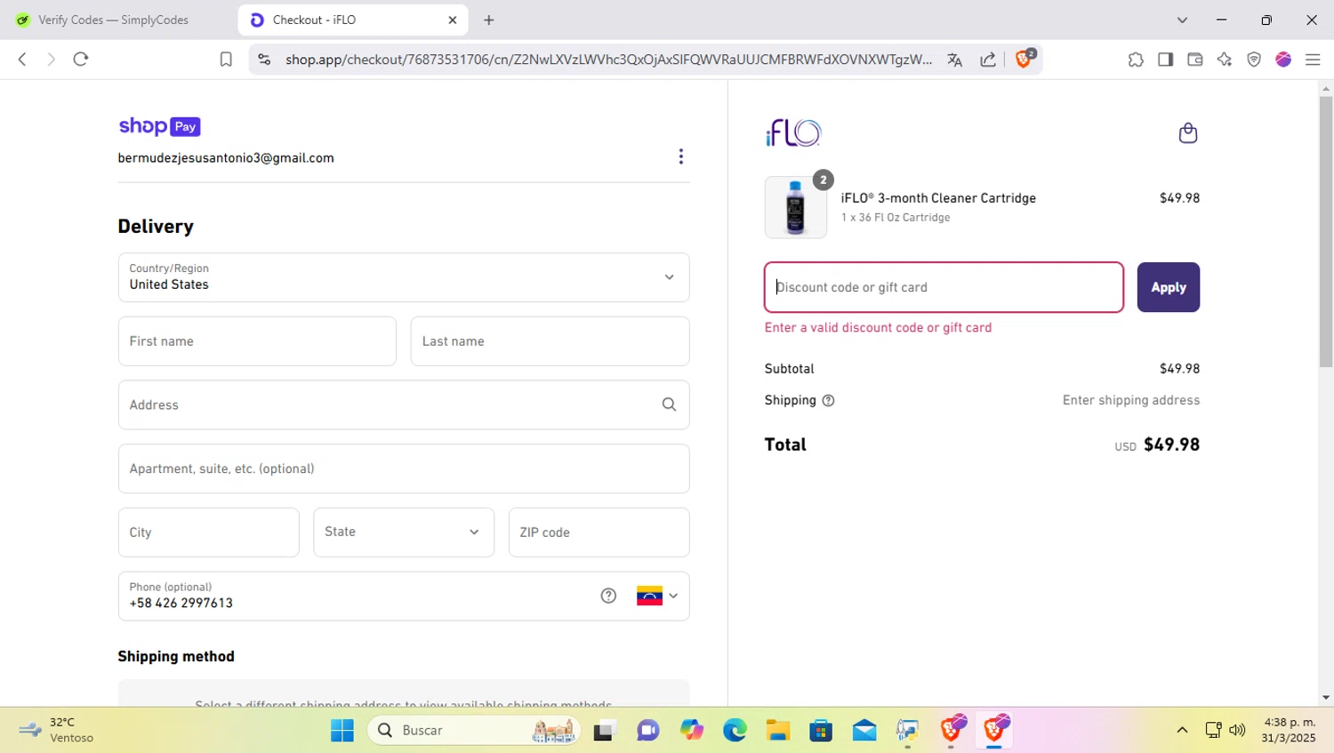 iFLO discount code screenshot showing code IFLO10 applied at iFLO checkout page. Uploaded by SimplyCodes community member SapeGato on Mar 31, 2025