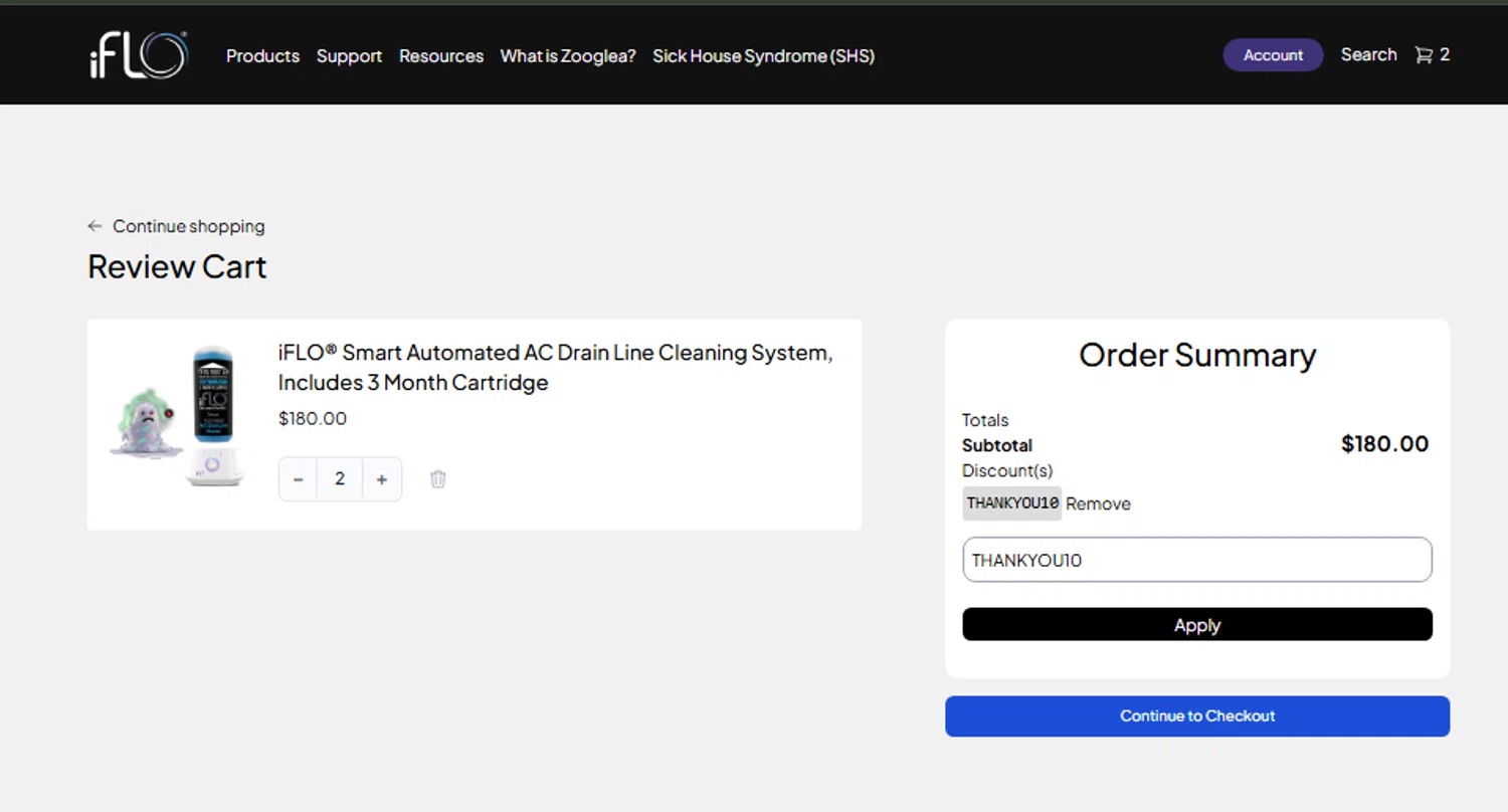 iFLO discount code screenshot showing code THANKYOU10 applied at iFLO checkout page. Uploaded by SimplyCodes community member CouponLion324 on May 27, 2025