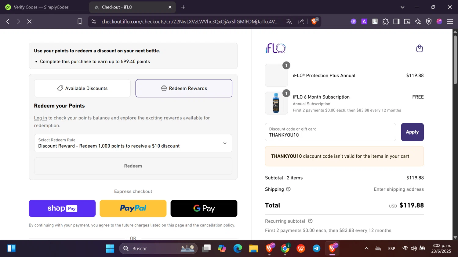 iFLO discount code screenshot showing code THANKYOU10 applied at iFLO checkout page. Uploaded by SimplyCodes community member Toji_fushiguro on Jun 23, 2025