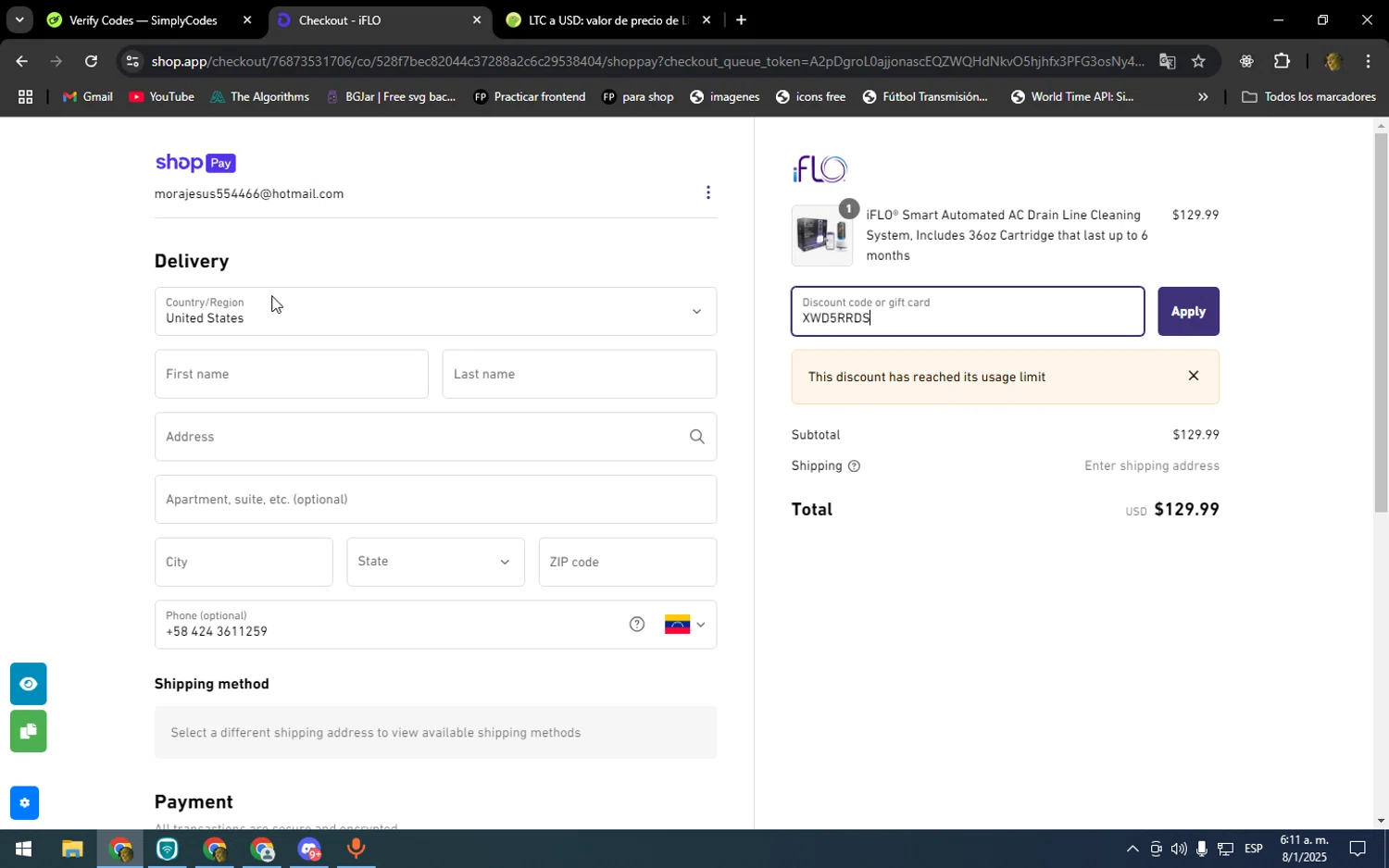 iFLO discount code screenshot showing code XWD5RRDS applied at iFLO checkout page. Uploaded by SimplyCodes community member kakakakakka on Jan 8, 2025