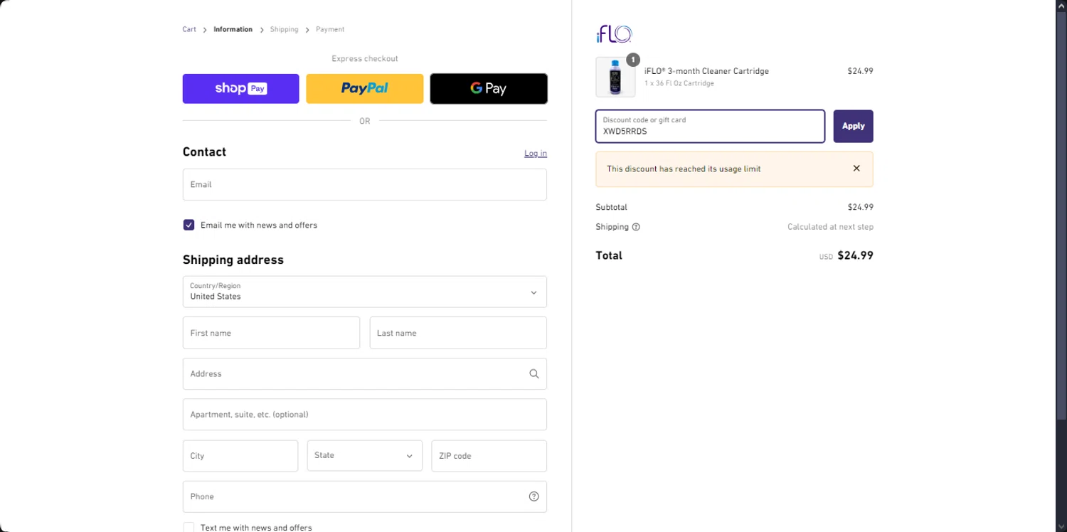 iFLO discount code screenshot showing code XWD5RRDS applied at iFLO checkout page. Uploaded by SimplyCodes community member the_loose_cannon on Jan 8, 2025