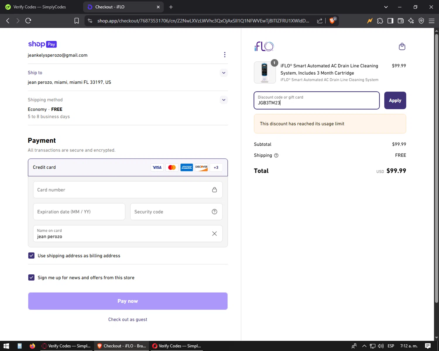 iFLO discount code screenshot showing code JGB3TM23 applied at iFLO checkout page. Uploaded by SimplyCodes community member oscarbeaujon on Apr 6, 2025