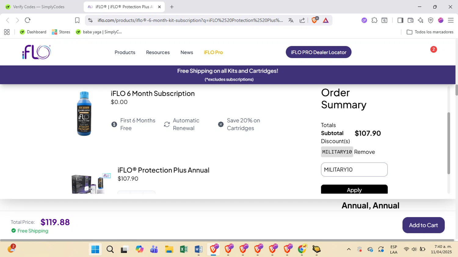 iFLO discount code screenshot showing code MILITARY10 applied at iFLO checkout page. Uploaded by SimplyCodes community member BrilliantSpotter8809 on Nov 4, 2025