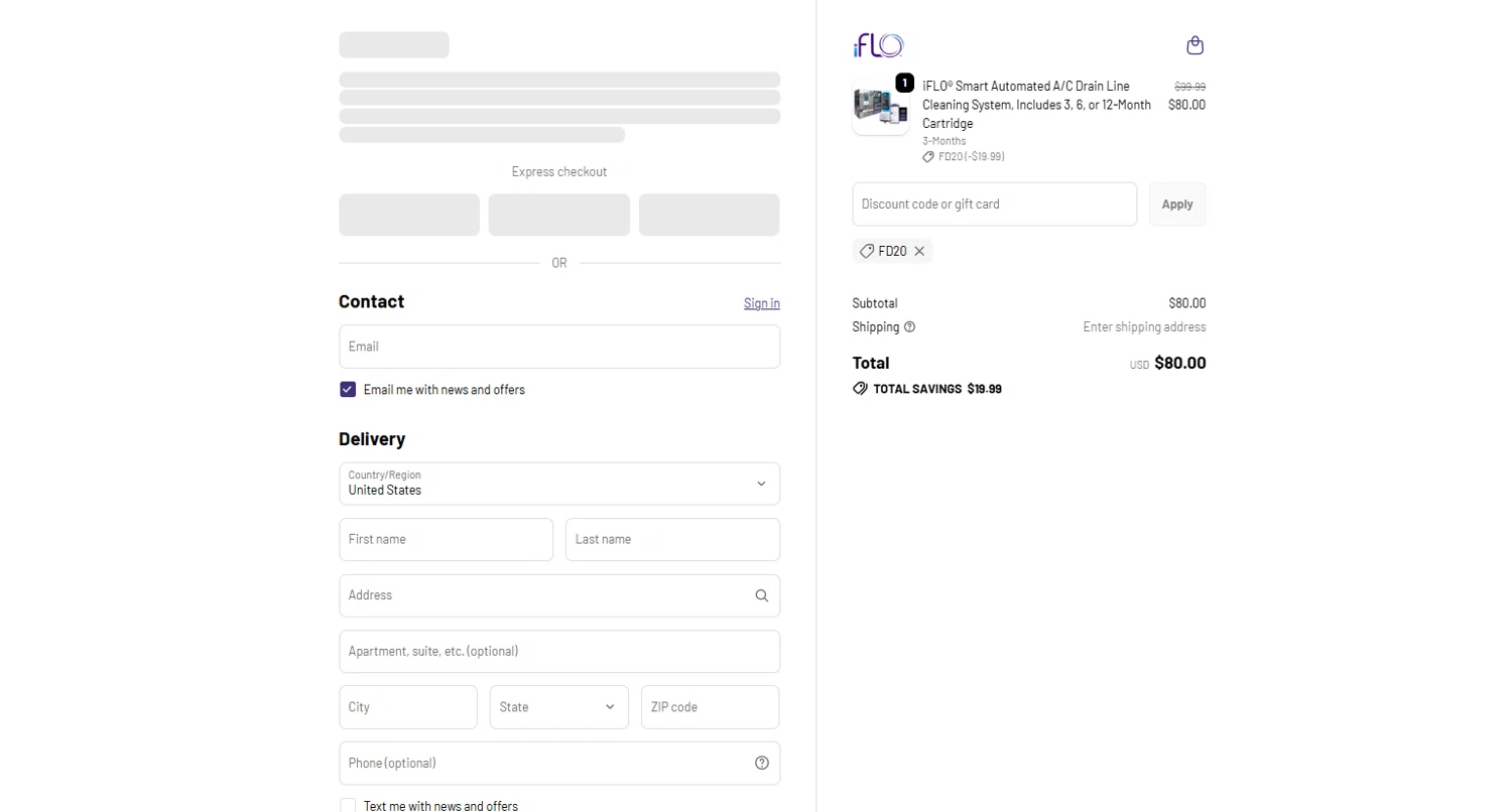 iFLO promo code screenshot showing code FD20 applied at iFLO checkout page. Uploaded by SimplyCodes community member NiceDeals on Jun 16, 2026