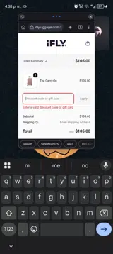 iFLY Luggage coupon verification screenshot