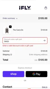 iFLY Luggage coupon verification screenshot