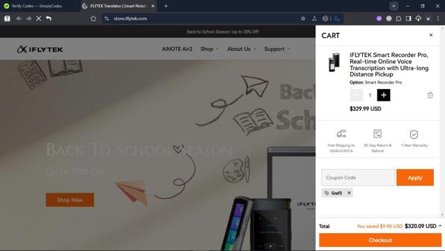 iFLYTEK checkout page showing iFLYTEK coupon code box | Screenshot taken by SimplyCodes community member on Sep 10, 2025
