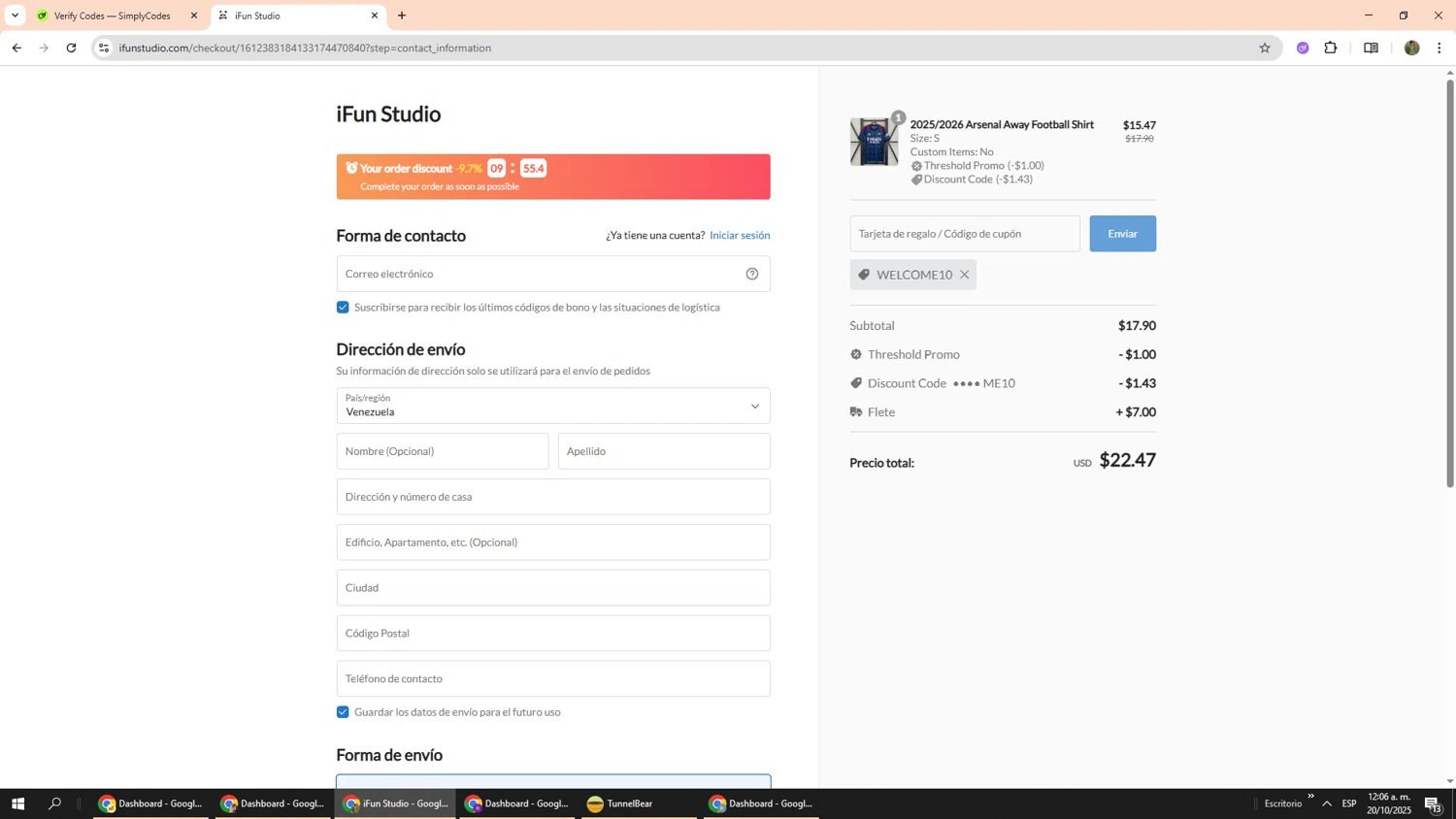 iFun Studio promo code screenshot showing code WELCOME10 applied at iFun Studio checkout page. Uploaded by SimplyCodes community member Phoenix585 on Oct 20, 2025