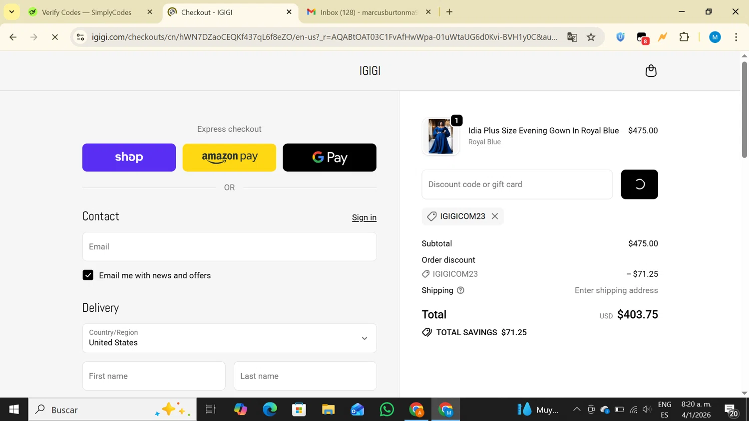 IGIGI promo code screenshot showing code IGIGIcom23 applied at IGIGI checkout page. Uploaded by SimplyCodes community member LegendaryAce4371 on Jan 4, 2026