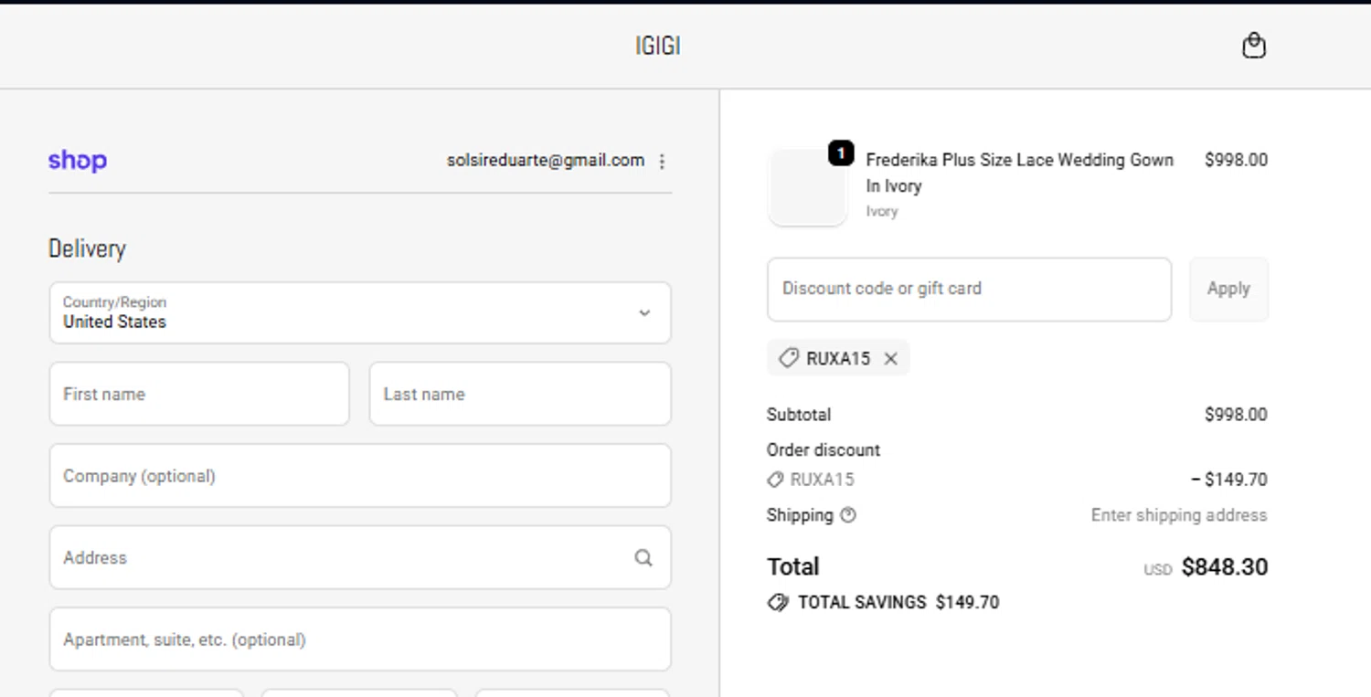 IGIGI promo code screenshot showing code RUXA15 applied at IGIGI checkout page. Uploaded by SimplyCodes community member diacelysduartesuarez on Jan 4, 2026