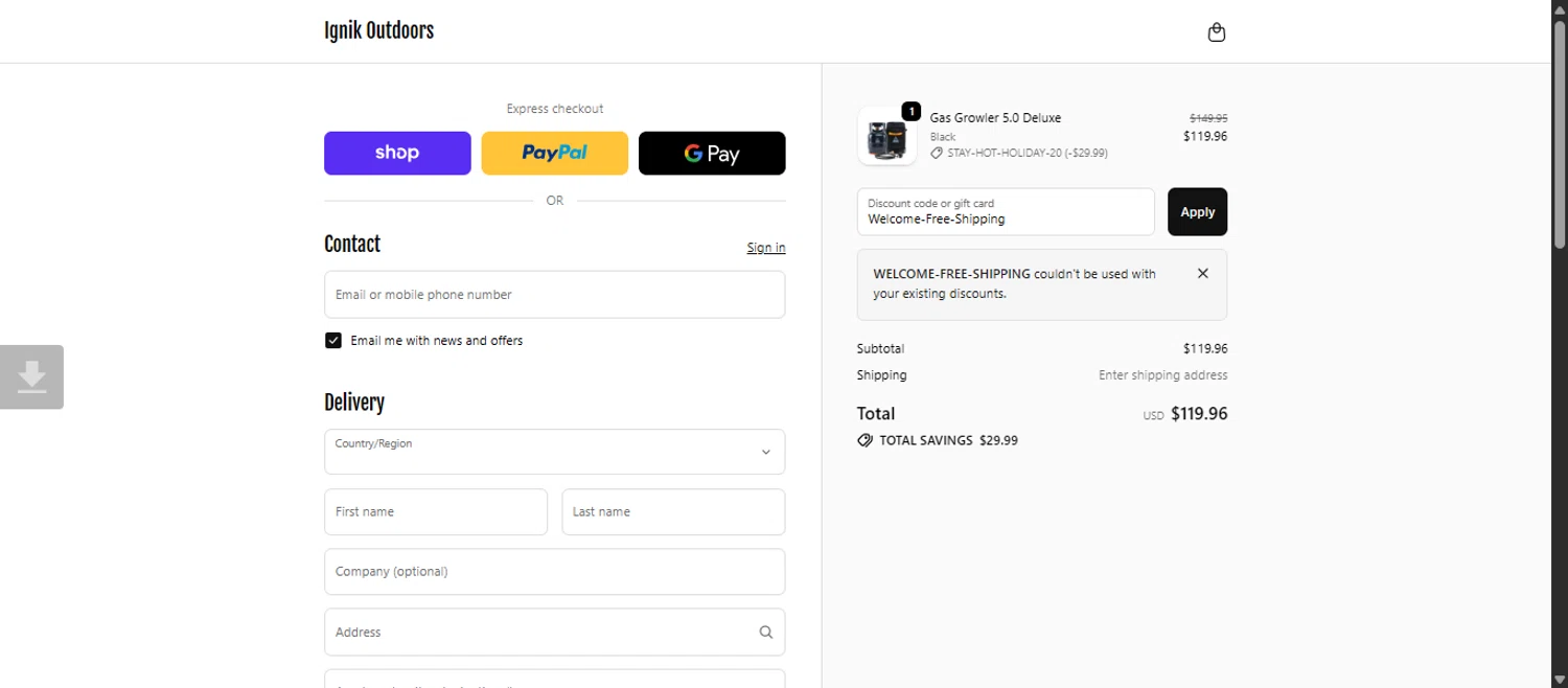 Ignik Outdoors promo code screenshot showing code Welcome-Free-Shipping applied at Ignik Outdoors checkout page. Uploaded by SimplyCodes community member 111111 on Dec 2, 2025